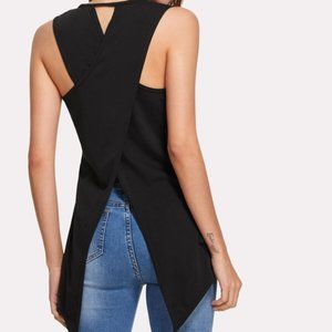 Black Sleeveless Asymmetrical Criss Cross Tank Top